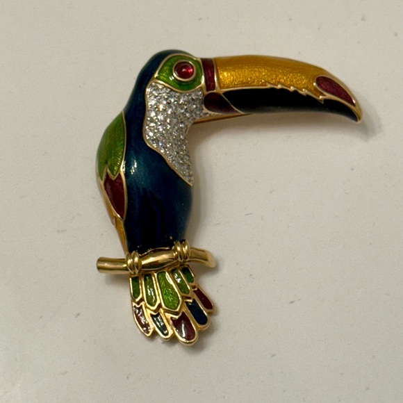 Judith Leiber Toucan Bird Parrot Pin Brooch Enamel & Crystals- Signed - Picture 11 of 12